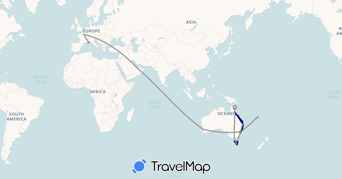 TravelMap itinerary: driving, plane, boat in United Arab Emirates, Australia, France, New Caledonia (Asia, Europe, Oceania)